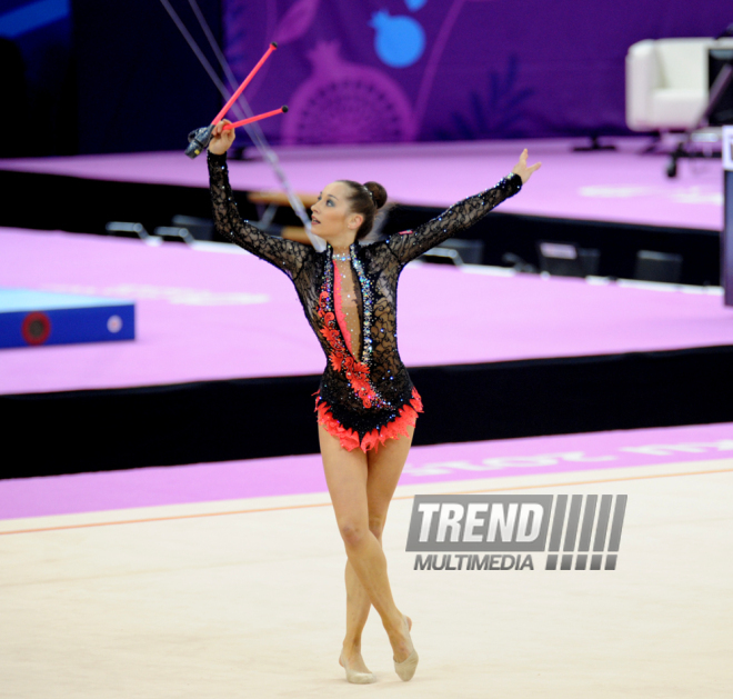 Azərbaycanlı gimnast Avropa Oyunlarında bədii gimnastika üzrə fərdi yarışların finalına çıxıb. Bakı, Azərbaycan, 19 iyun 2015